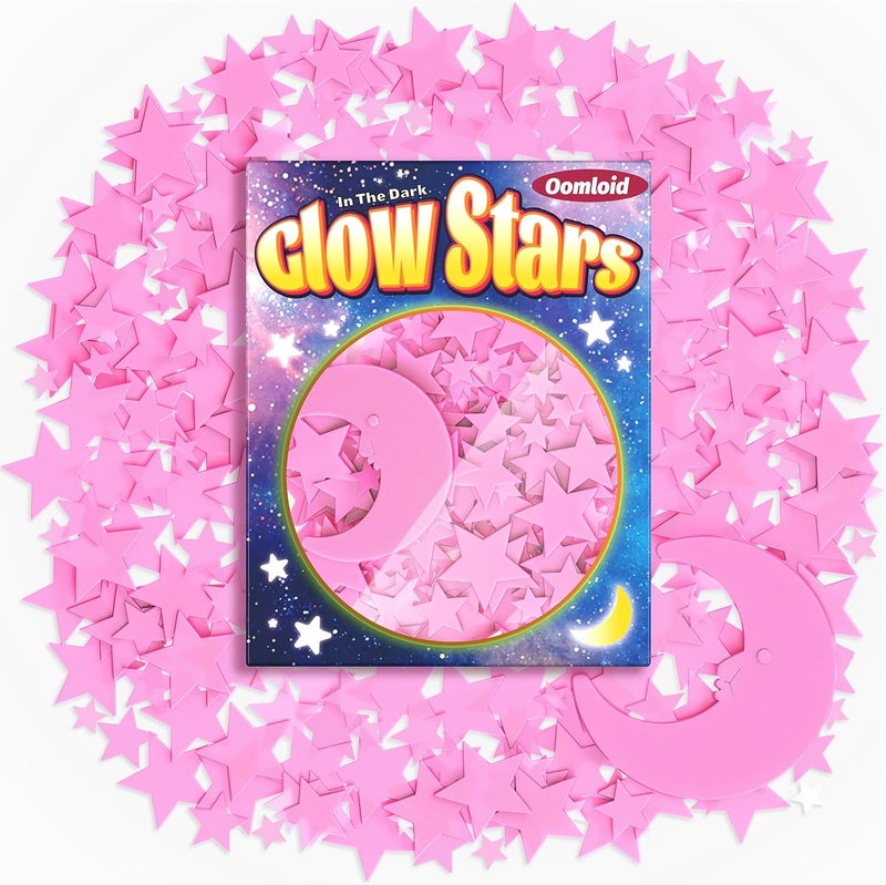 Oomloid 201 Pcs Glow in The Dark Stars Stickers for Ceiling, Toddler Stocking Stuffers Wall Room Decor Gifts, Luminous 3D Glowing Stars Easter Basket Stuffers for Kids Boys Girls - Pink - Image 1